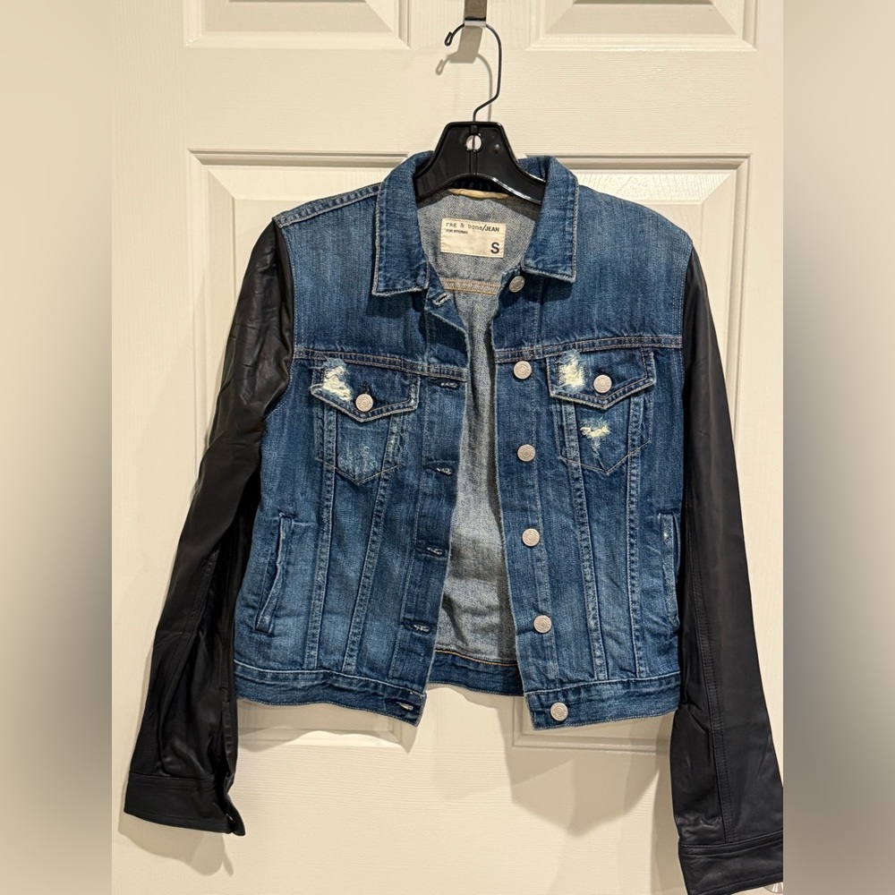 rag & bone Blue Denim Jacket with Black Leather Sleeves